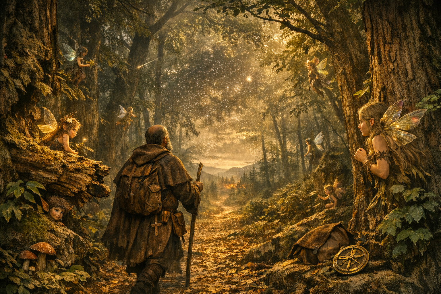 an Early English traveler in a woodland of fairies and sprites