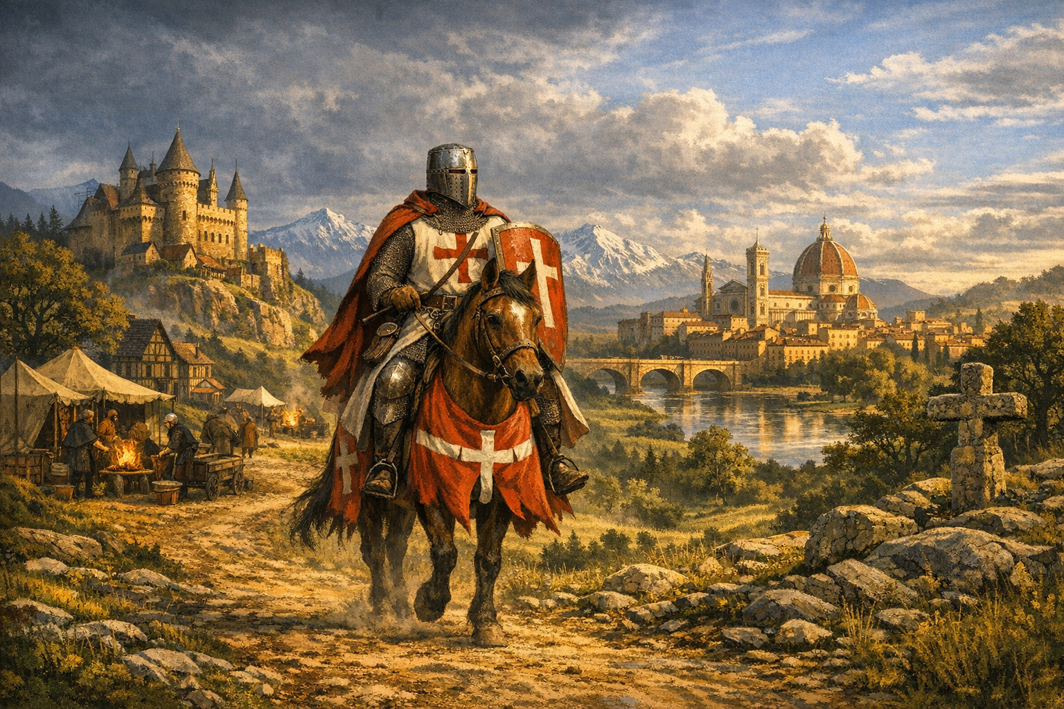 A medieval knight travels across a rural landscape