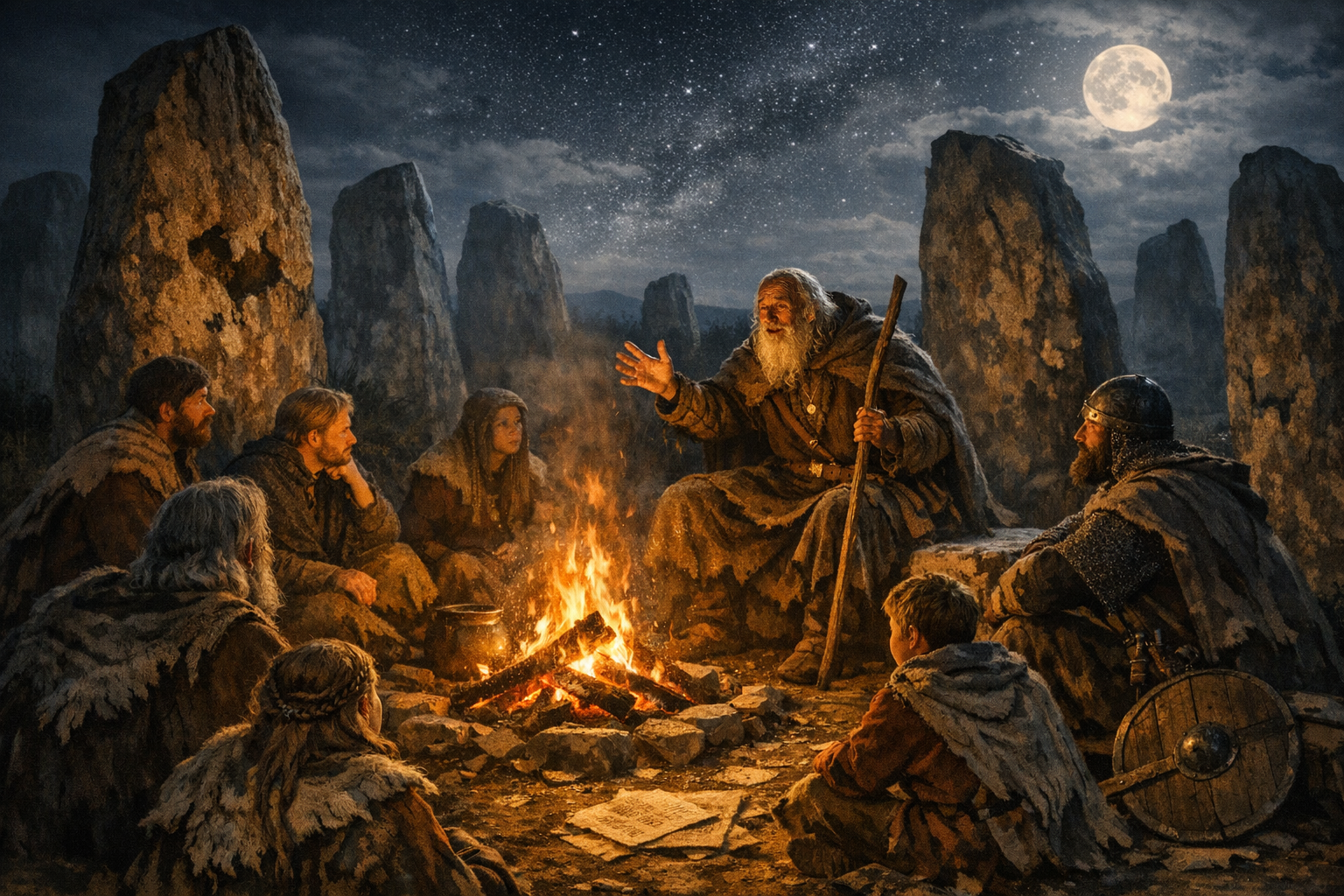 A story teller amongst listeners and standing stones