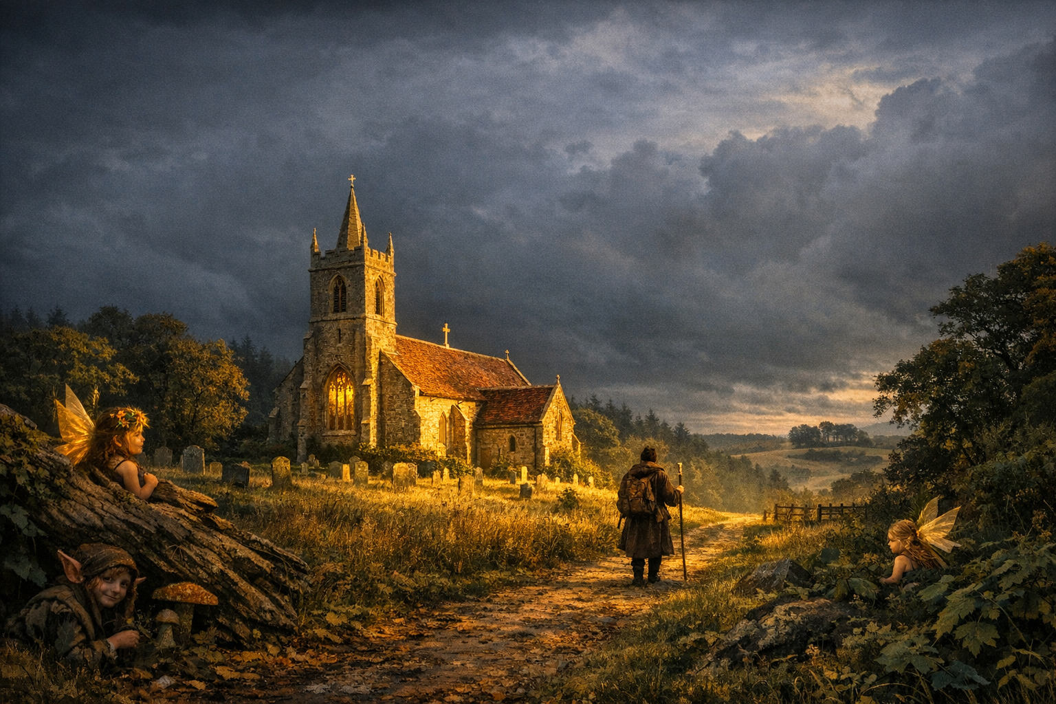 A church lit up in a darkened landscape