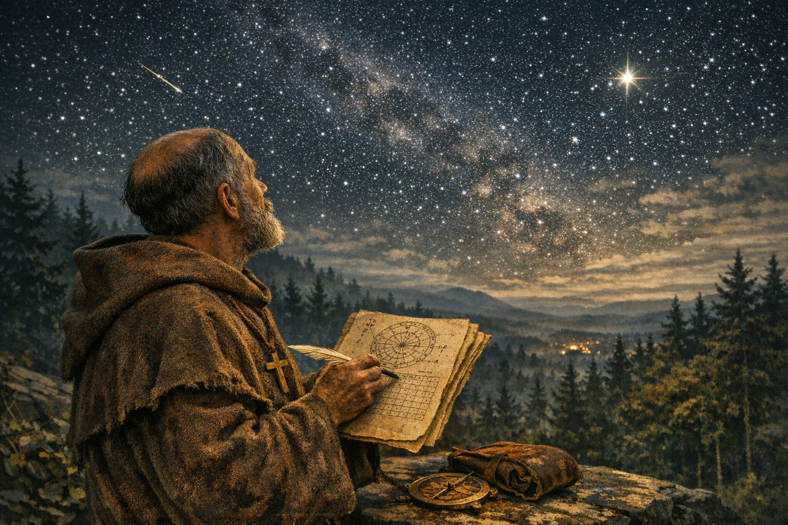 A monk looks up at the nightsky, recording the stars