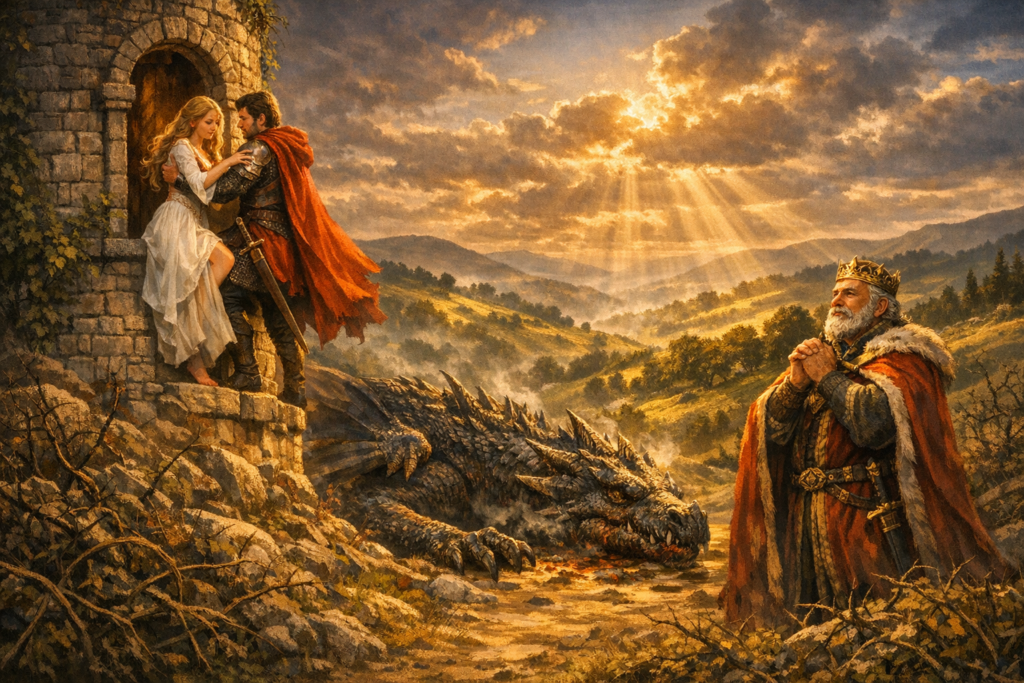 Archetypal characters in a typical fantasy scene