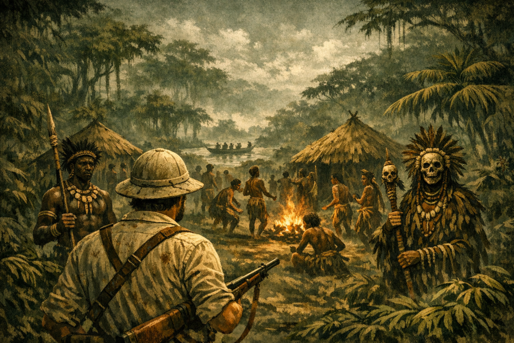 European colonisers arrive, as represented in The Heart Of Darkness