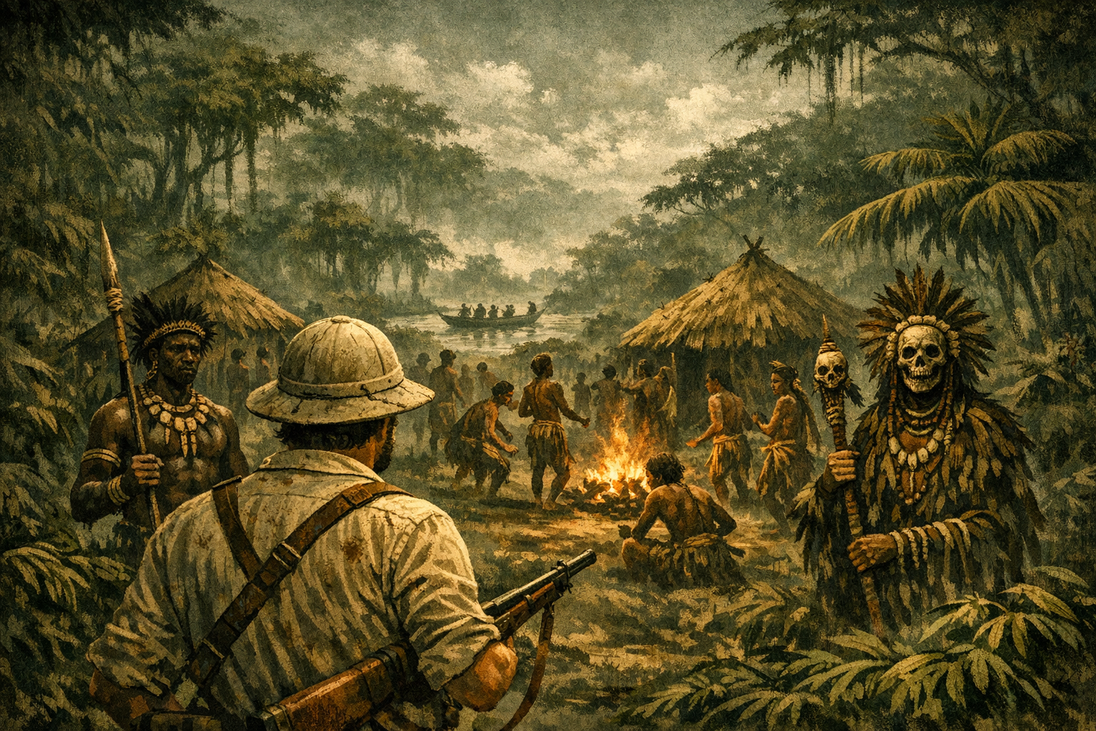 European colonisers arrive, as represented in The Heart Of Darkness