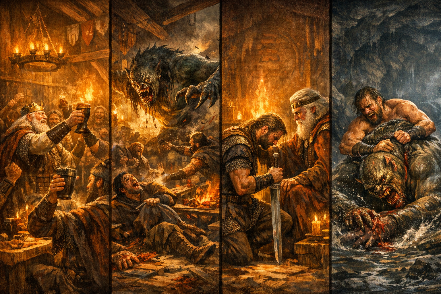 Four cells showing the narrative of Beowulf