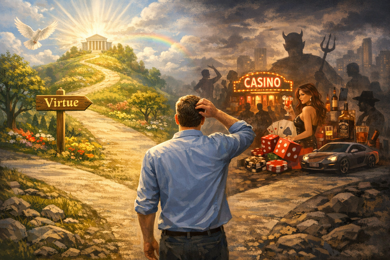 A man faces a choice between virtue and vice