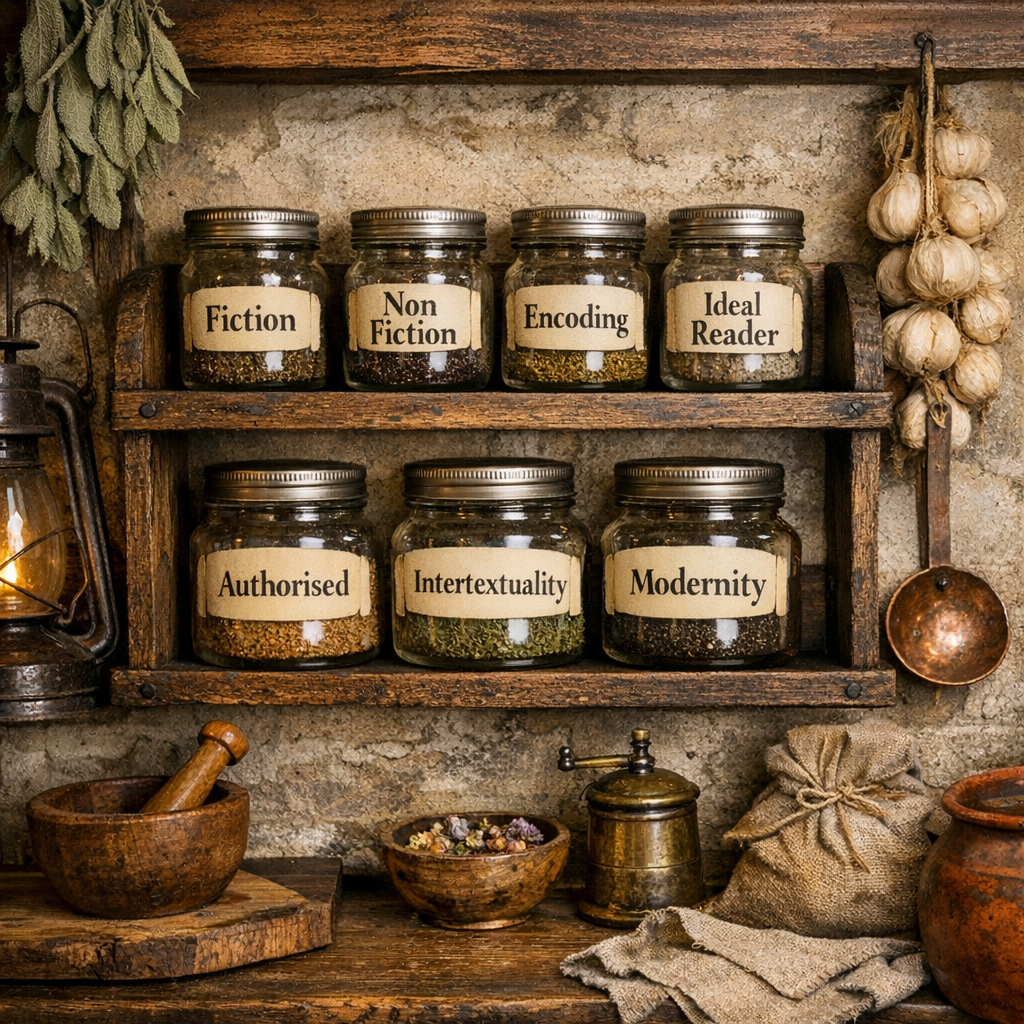 a spice rack depicting literary knowledge, to be kept and applied when needed.