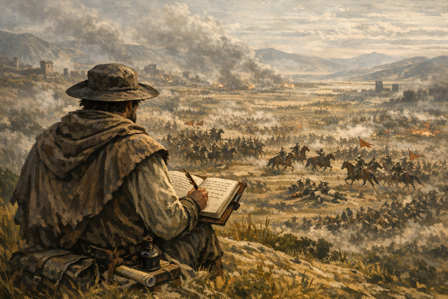A writer records a battle, but which of his records are fiction, and which are non fiction?