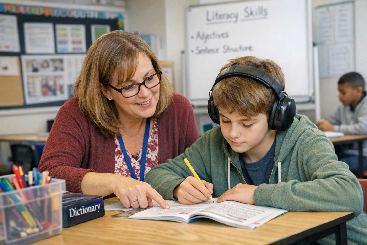 A teacher supports a student with their literacy learning
