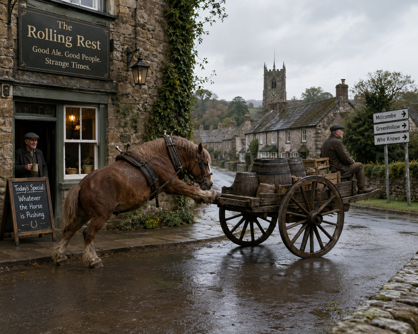The scene of a horse and cartes, defamiliarised, as in the joke.