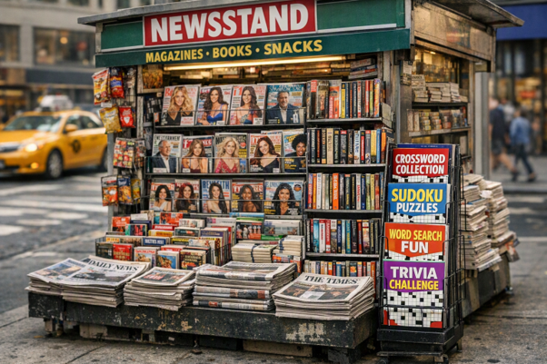 A news kiosk showing the many forms available to readers