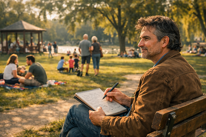 A man is writing in a park, but he is looking more at the people he is writing for than his work.