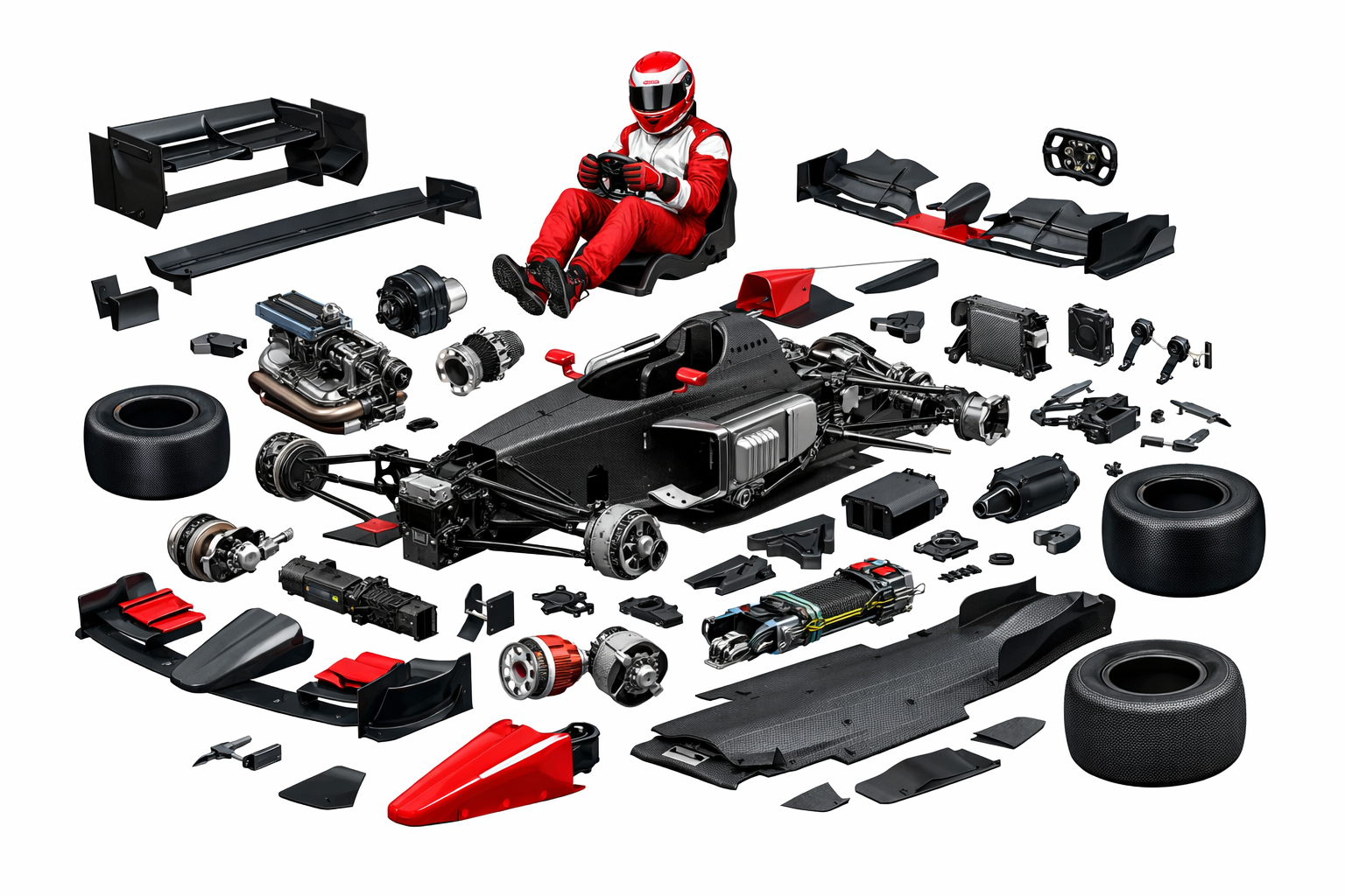 Exploded diagram of a race car; everything is built around the driver